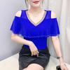 New Korean Summer Women's T-Shirt Hot Diamonds V-Neck Bling Tees Fashion Short-Sleeve Sexy Off The Shoulder Tops