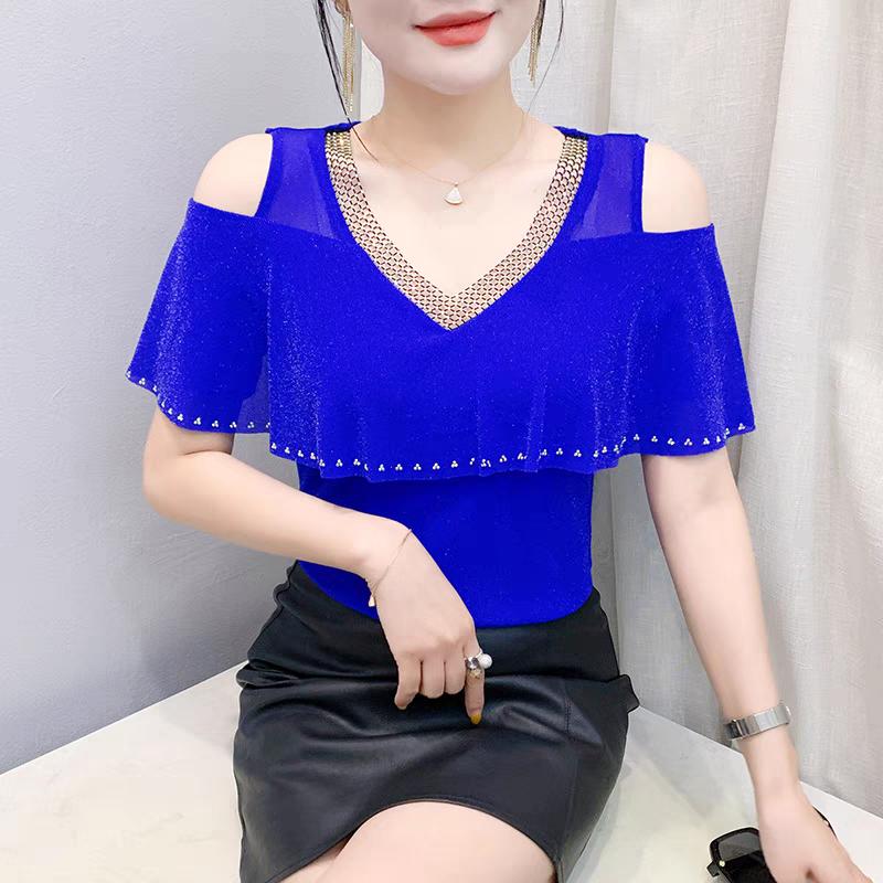 New Korean Summer Women's T-Shirt Hot Diamonds V-Neck Bling Tees Fashion Short-Sleeve Sexy Off The Shoulder Tops