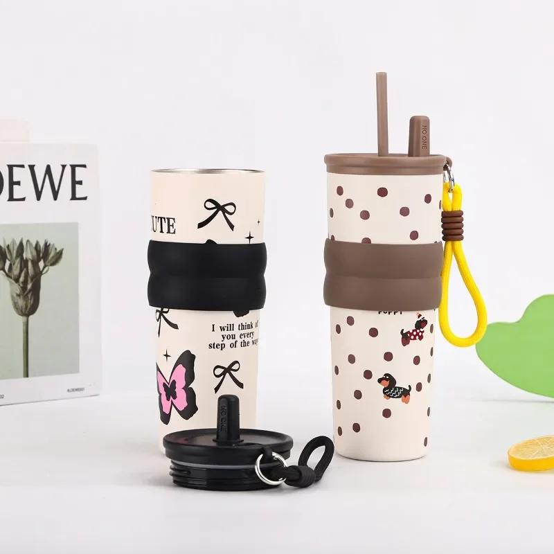 710ML Stainless Steel Insulated Cup for Boys and Girls, Portable Cooling Ice Cream King Cup, Outdoor with Lifting Rope Straw Cup