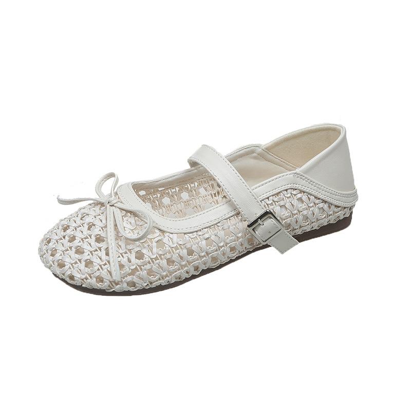 Woven Hollowed-out Word Belt Mary Jane Single Shoes Women's Summer Flat-bottomed Breathable Two Wear Bow-tie Ballet Sandals
