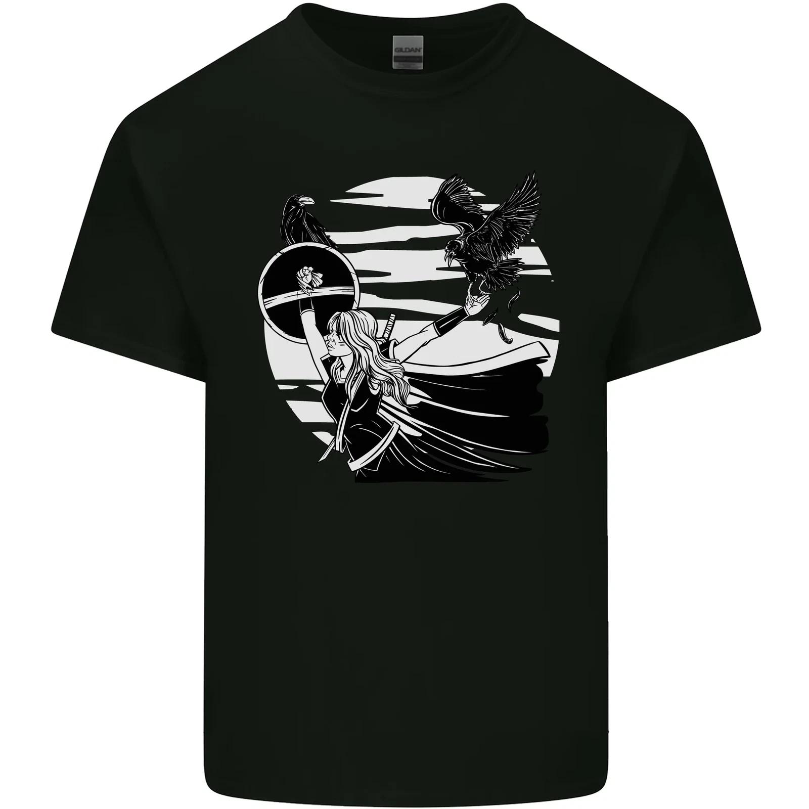 Shield Maiden With a Raven & Viking Ship Kids T-Shirt Childrens S