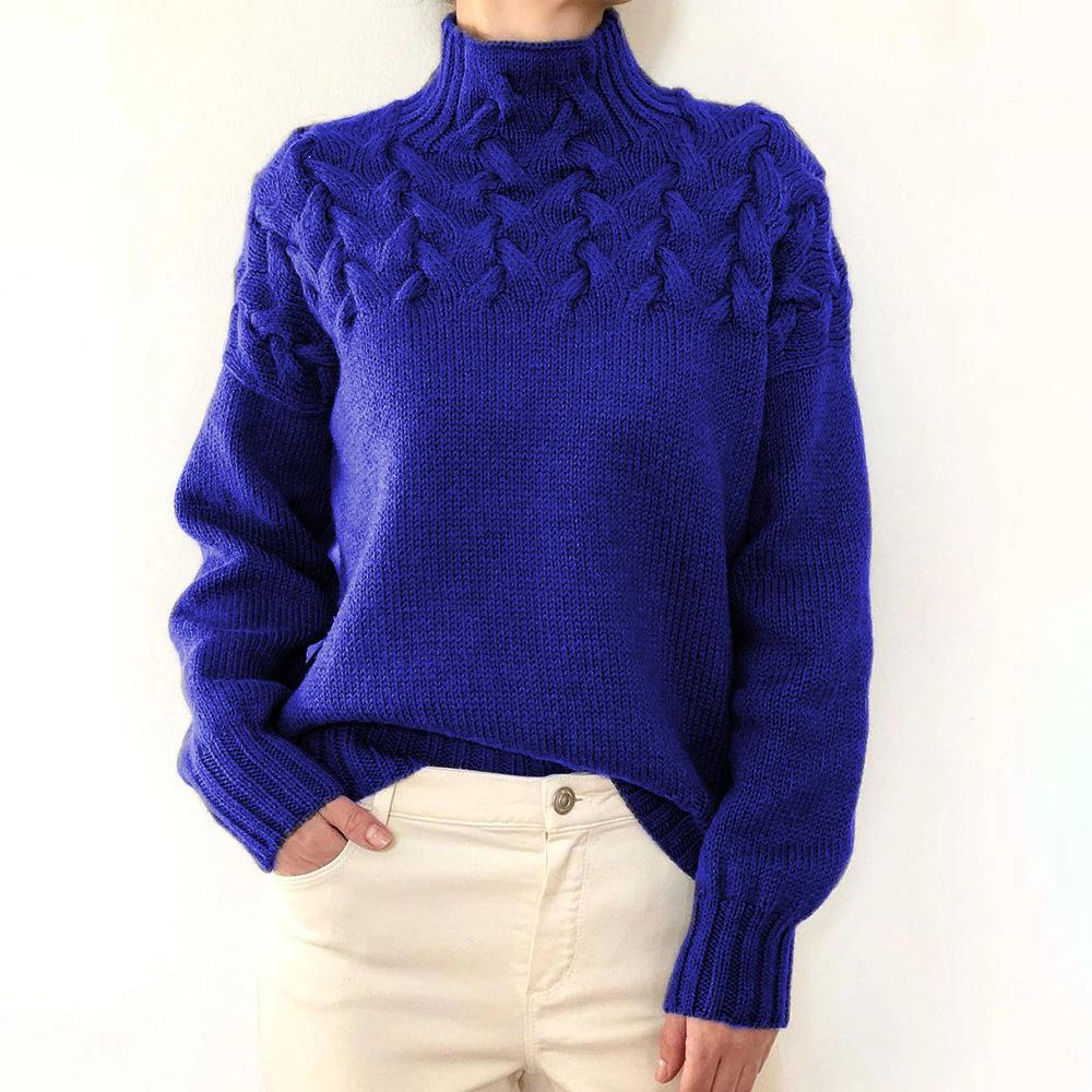 Damen Pullover mit Zopfmuster, hohem Kragen und langen Ärmeln