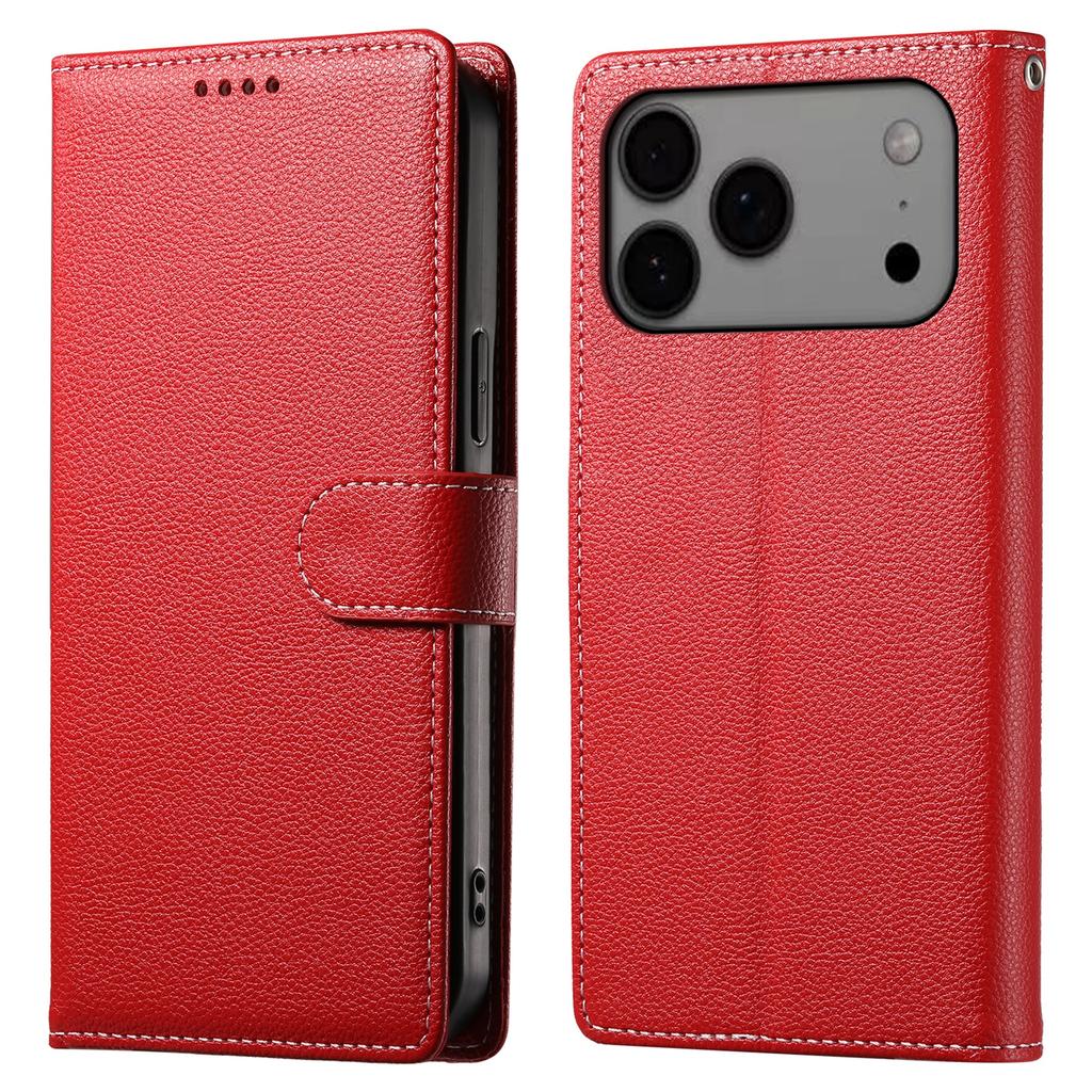 For iPhone 17 Pro Max Case Magnetic Snap Litchi Texture Leather Wallet Phone Cover with Wrist Strap