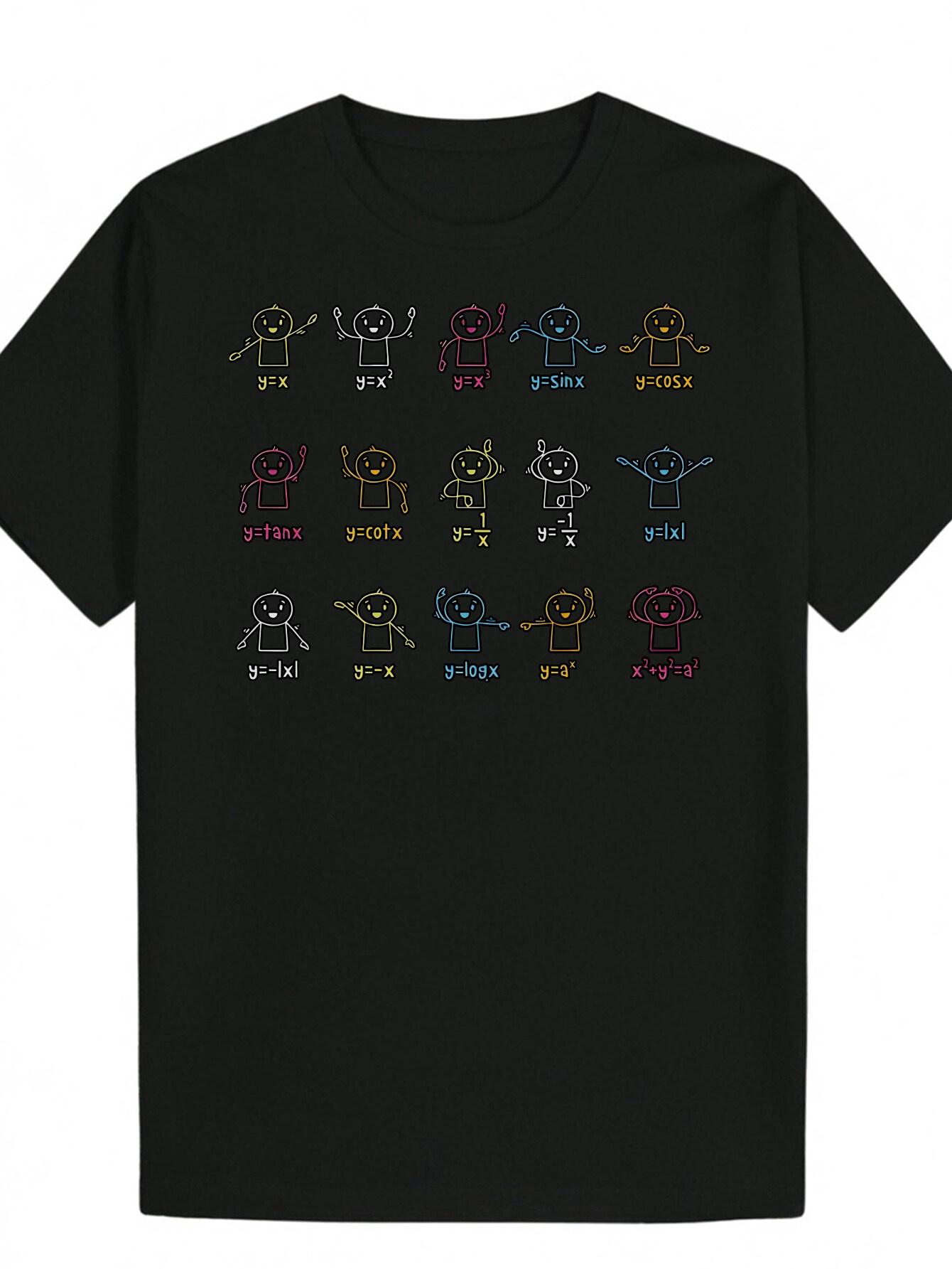 

Casual Summer Graphic T-shirt - Black Polyester Round Neck Tee with Colorful Trigonometric Function Robots Design XXL