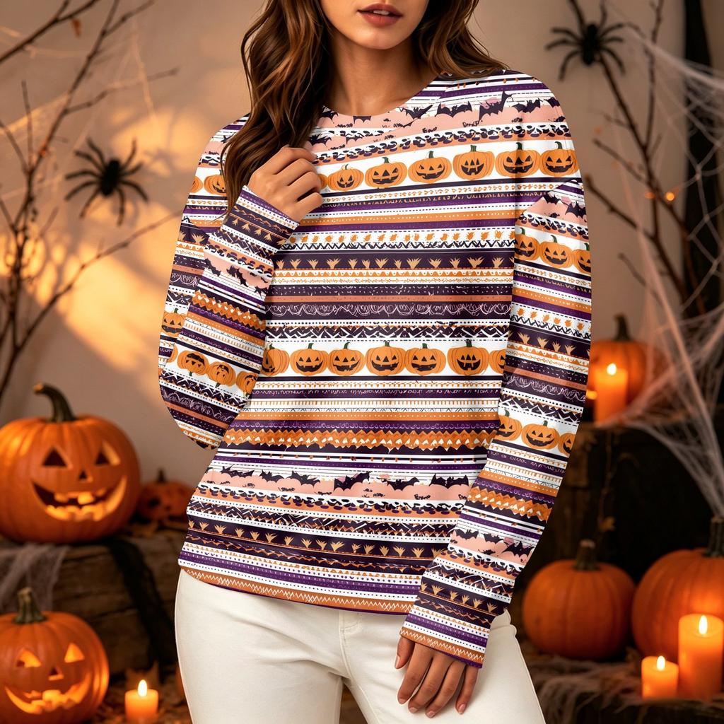 Women's Halloween Print Long Sleeve Pullover Hoodie Casual Round Neck Top