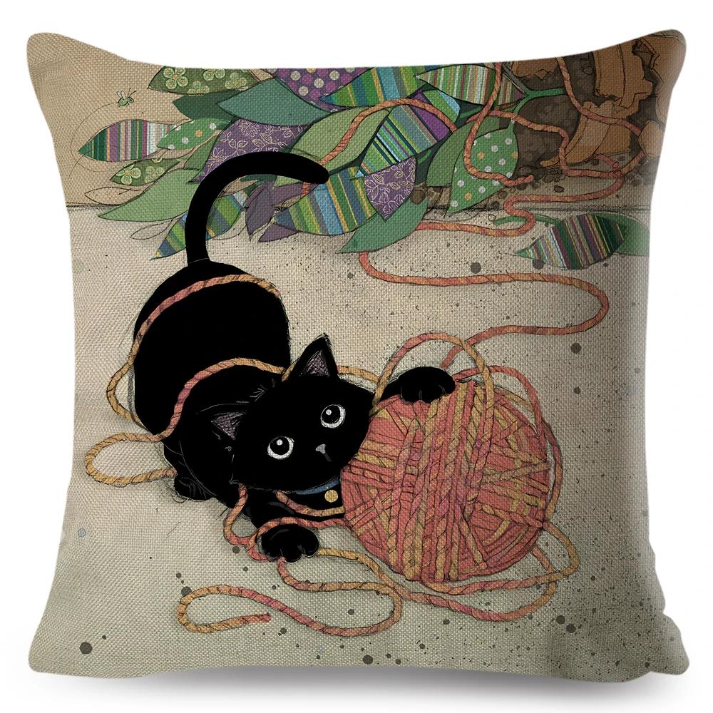 Cute Elegant Black Cat Cushion Cover Double Print Decor Cartoon Animal Pillow Case for Sofa Home Car Linen Throw Pillowcase