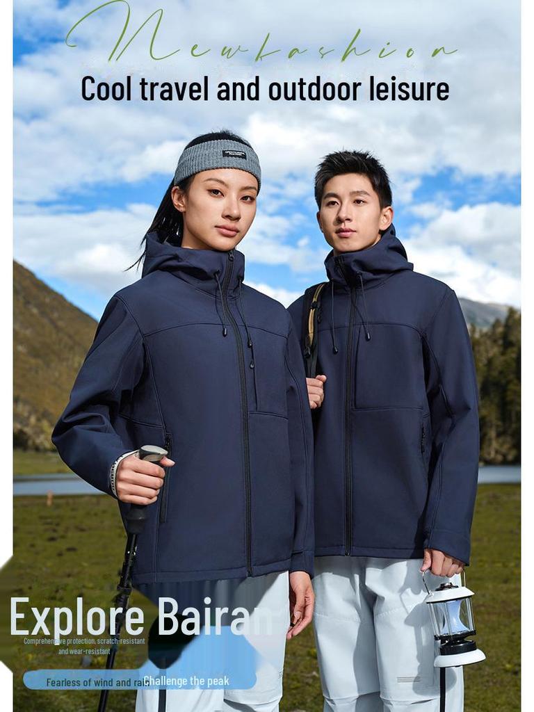 Men's Windproof Waterproof Jacket with Velvet Hood - Trendy Thick Soft Shell for Fall & Winter