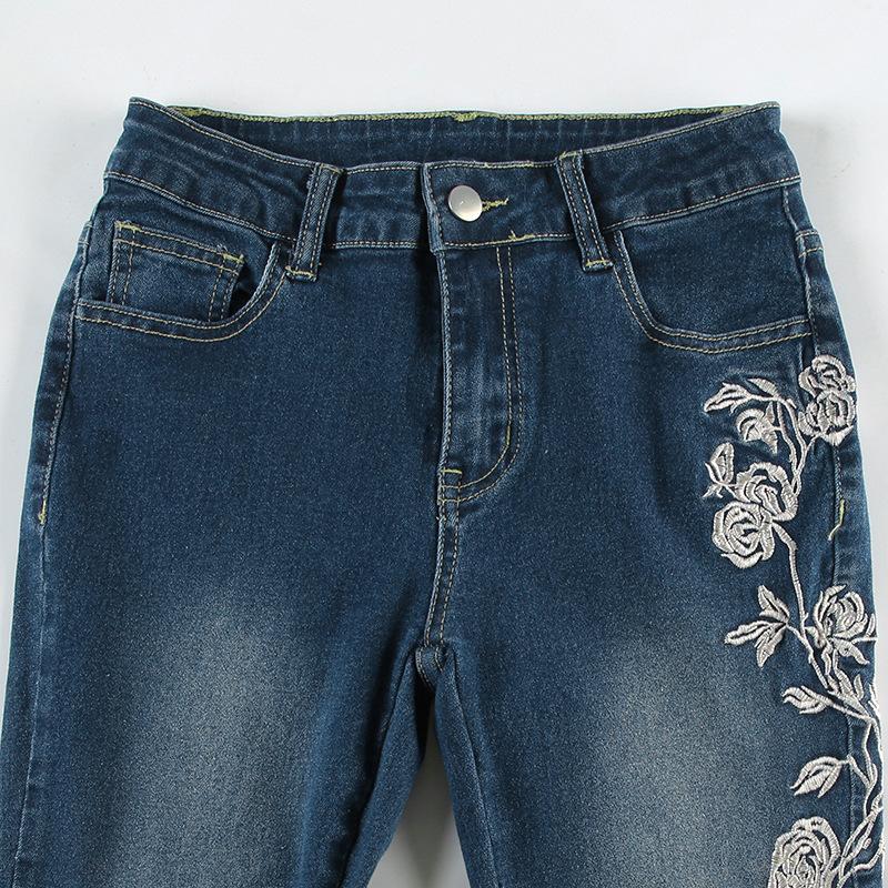 Plant Printed Embroidery Y2K Flare Jeans Women Vintage Skinny Boot Cut Trousers Fashion Street 2000s Denim Pants Fall