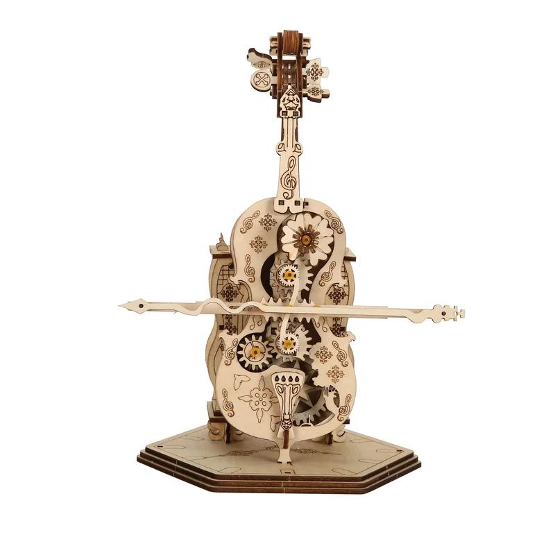 OUZEY Violoncello 3D Wooden Carving Puzzle Scale Model DIY Craft Kit Mechanical Assembly Toy Home Office Decoration Gift