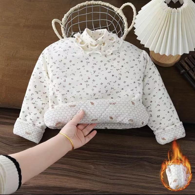 Girls' Floral Print Cotton Coat with Lace Collar - Warm Autumn/Winter Layer