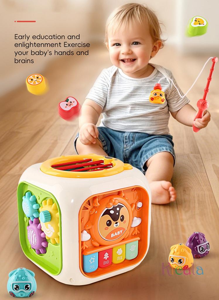 Baby Montessori Toys 6-in-1 Activity Cube Fishing Games Educational Toys Shape Sorter Music Learning Toys for Infants Toddlers