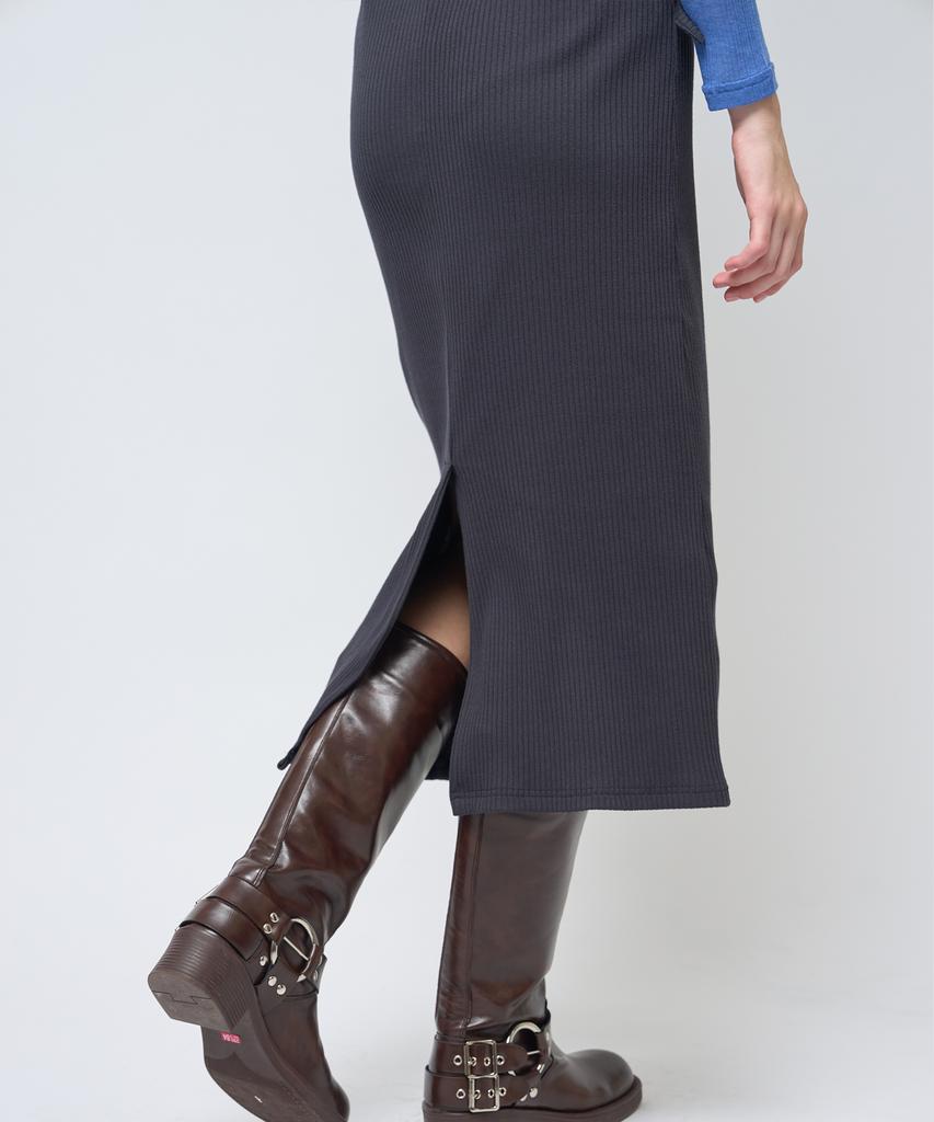 320 Showroom Banding Slit Ribbed Span Long Skirt Deep Navy