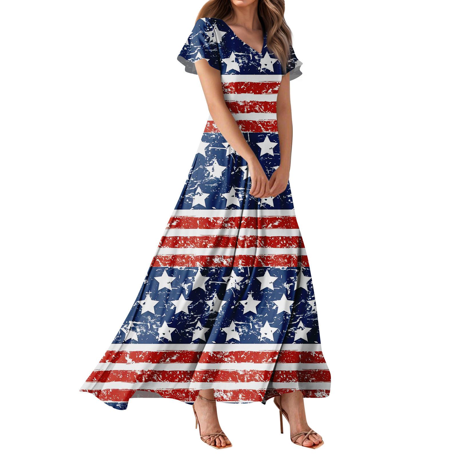 

Женское повседневное платье с принтом флага Дня независимости, V-образным вырезом, короткими рукавами и высокой талией XL винный