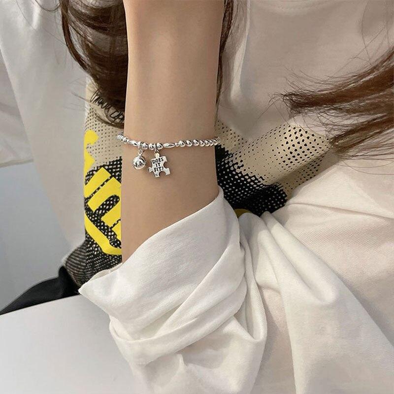 925 Sterling Silver Letter Ball Beads Elastic Chain Bracelet For Women Simple Korea Hand Jewelry