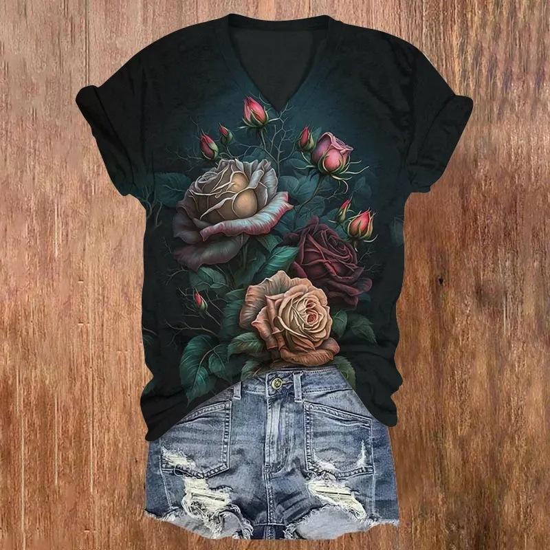 Sommar V-ringad 3D Blommig Tryckt Topp Trendiga Casual Kortärmade Dam T-shirts