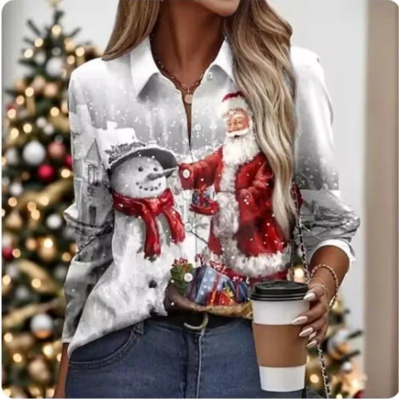 New Christmas Style Womens Long Sleeve Shirts Fashion Street Clothing Autumn Tops Christmas Santa Claus Snowman Shirts Ladies S