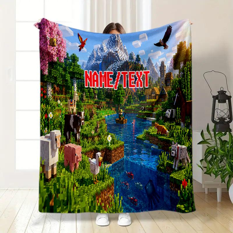 Custom name/text Minecraft Steve Mystery Cube Blanket Suitable All Seasons Soft Comfortable Office Blanket Holiday Birthday Gift Blanket Soft Comforta
