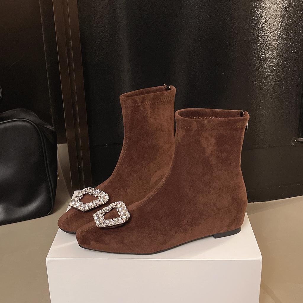 Foreign Style Inner Height Increase Rhinestone Suede Square Head Small Short Boots 2025 Autumn and Winter New Thin Fashion Celebrity Style Thin Boots