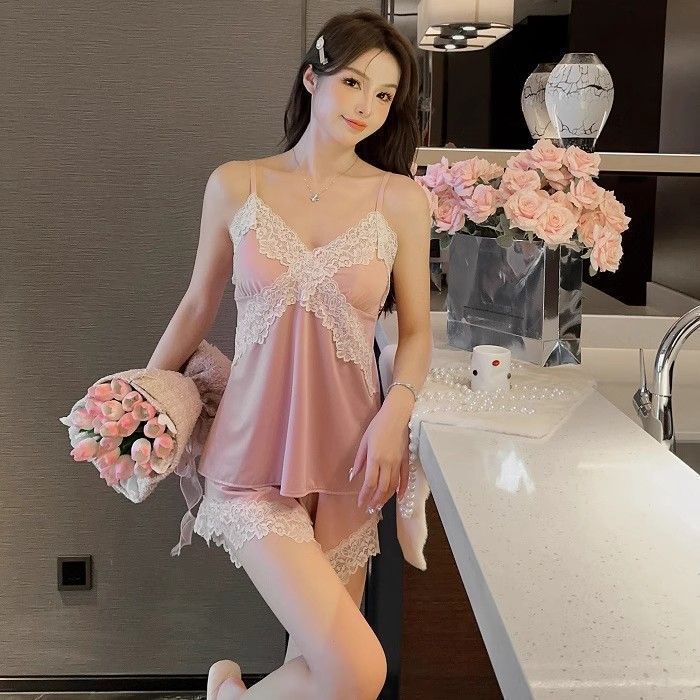 Internet Celebrity Women's Summer Ice Silk Pajamas Sexy with Chest Pads Suspenders Shorts Loungewear Printed Lace Suit