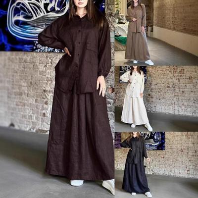 Women's Linen Blend Long Sleeve Shirt and Ankle-Length Skirt Set In Earth Tones (Brown, Beige, Black)