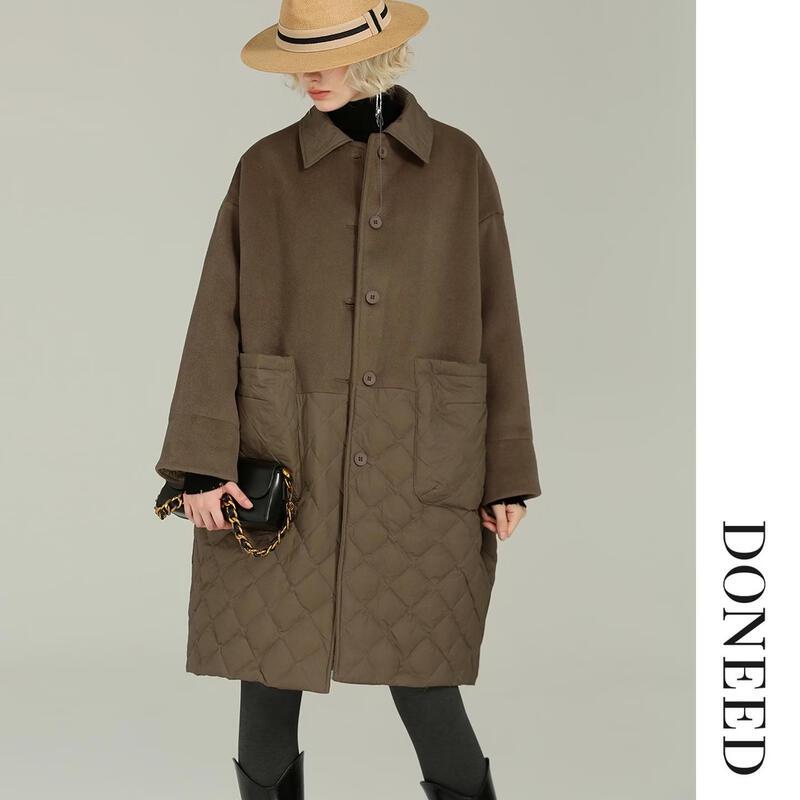 DONEED Women's Retro Wool-Blend Quilted Down Mid-Length Coat