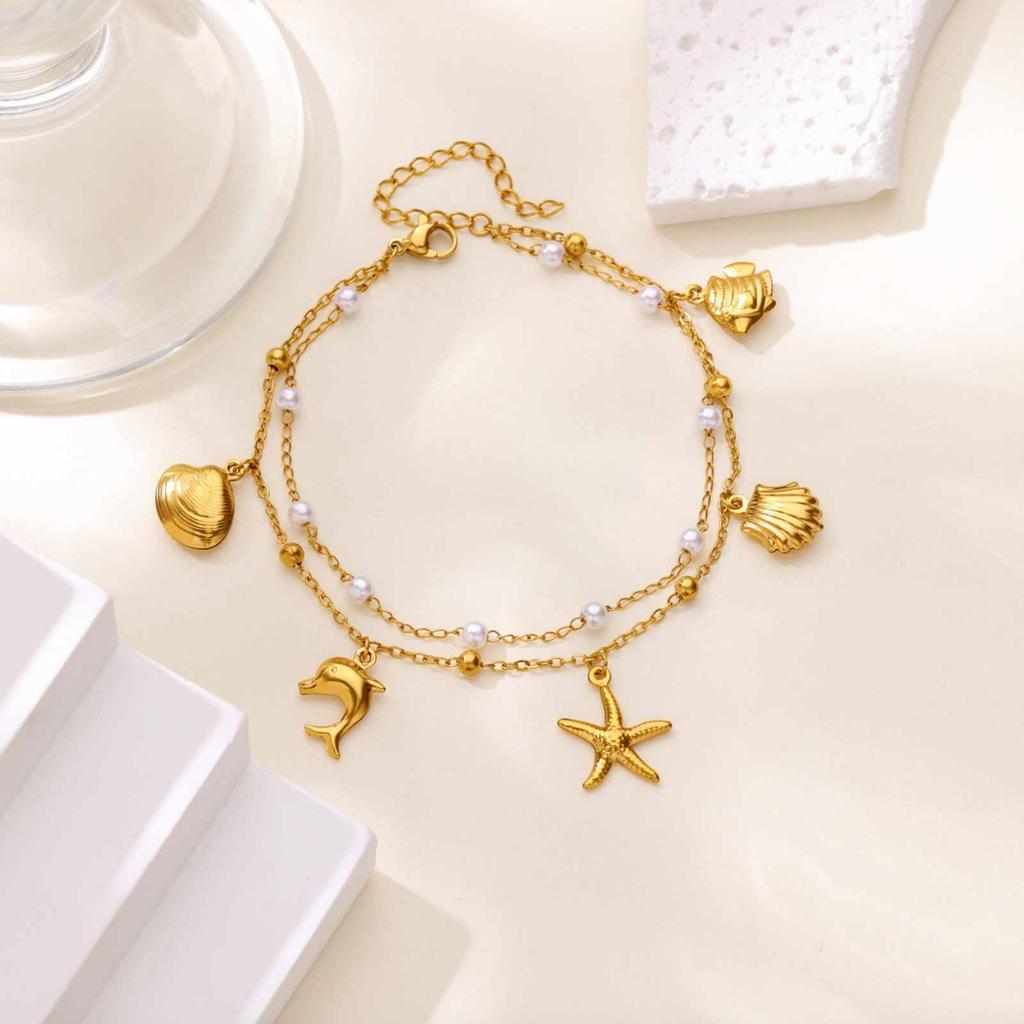 Starfish Shell Dolphin Charms Anklet for Women Stainless Steel Imitation Pearl Double Layers Ankle Bracelet Summer Beach Jewelry