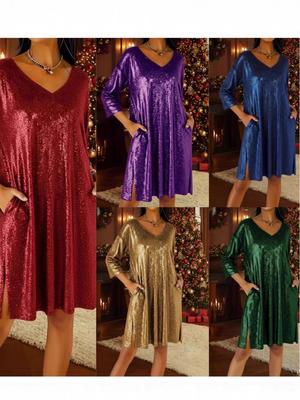 2025 Cross-border Loose V-neck Nine-point Sleeve Split Hem Hot Stamping Dress