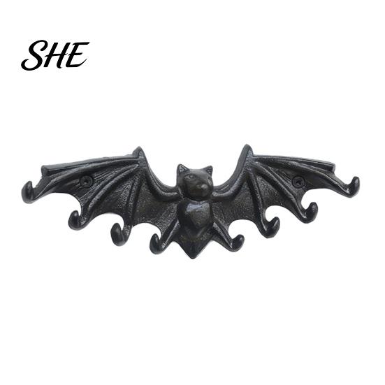 Key Holder Hook Bat Wall Hooks, Black Cast Iron Gothic Coat Rack with 2 Prongs, Rustic Metal Hanging Organizer for Keys Hats Scarves, Industrial Home