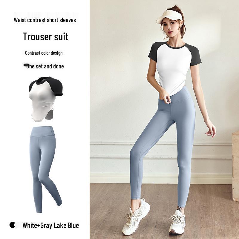 Damen Nude Feel Yoga Set: Schnelltrocknendes Kurzarm-Top & Lange Hose für Outdoor-Fitness