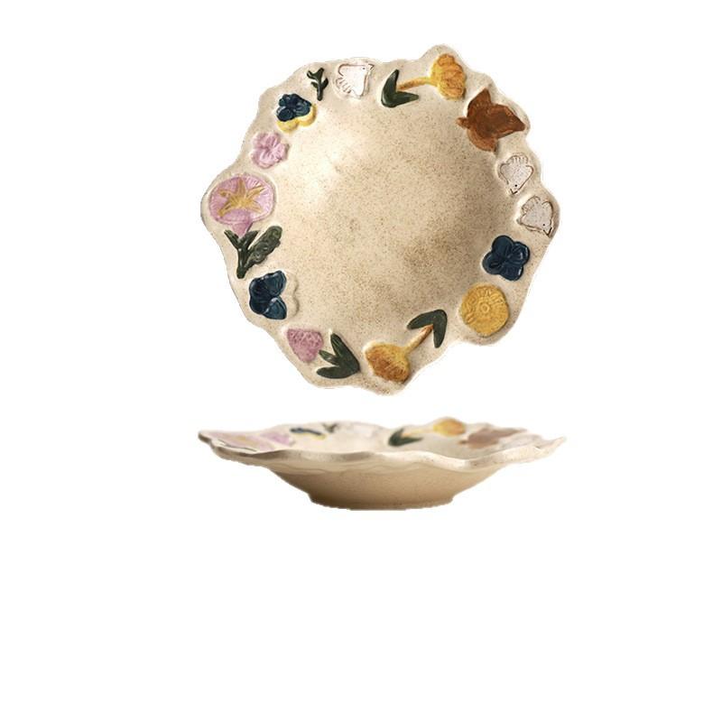 Retro Coarse Pottery Hand-Squeezed Ceramic Tableware Household Creative Japanese Flower Salad Bowl Dessert Plate Plate Combination