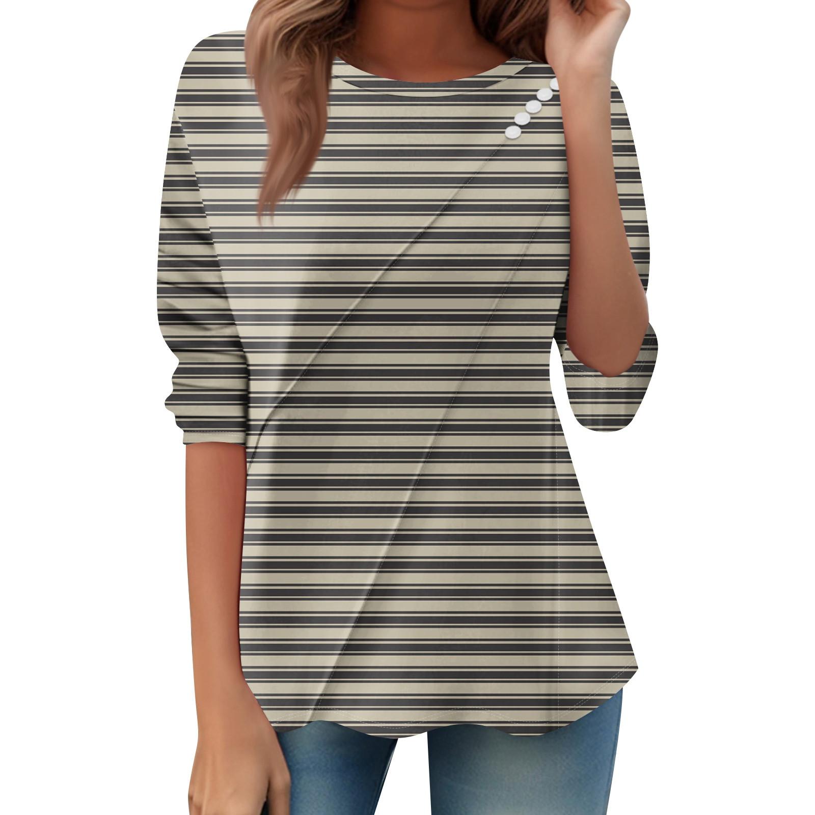 

Женский свободный повседневный топ с длинным рукавом, круглым вырезом, пуговицами, принтом в полоску, футболка S