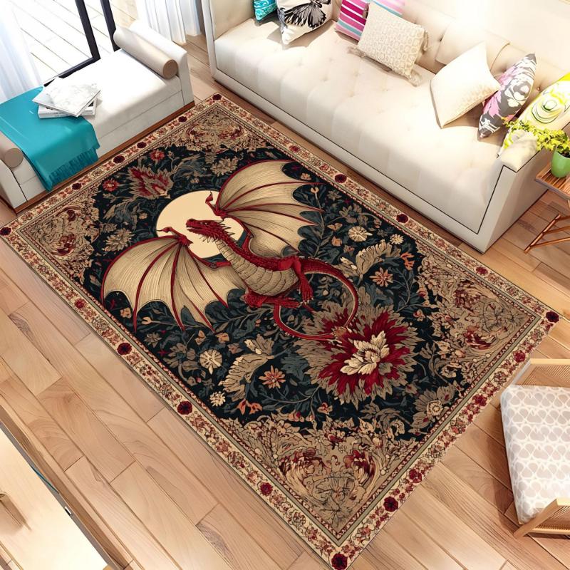 Golden Dragon Vintage Floral Frame print Carpet,Bedside Bedroom,Studio,Sofa Living Room Mat,Welcome Rug,Washable rug,Surprise
