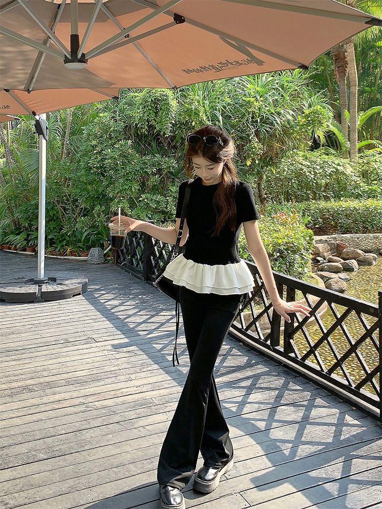In-Stock Women's Patchwork Lace Puff Sleeve Slim Fit T-Shirt