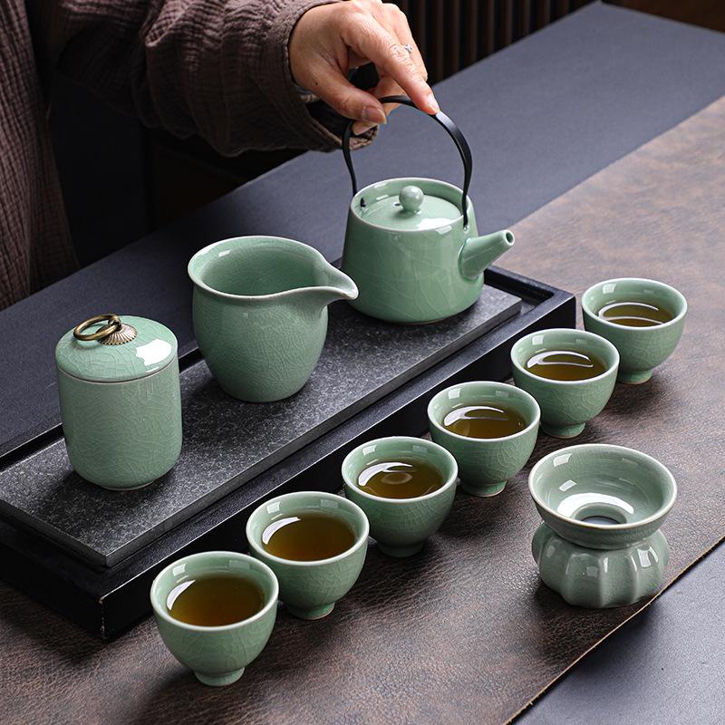 Ge Kiln Tea Set Kung Fu Tea High-end Gift Box Souvenir Ceramic Teapot Teacup Kung Fu Household Full Set