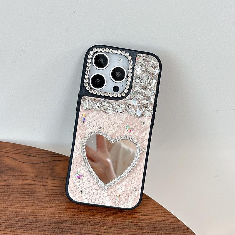 Rhinestone Love Mirror Mobile Phone Case for IPhone17promax Leather for Apple 16 Women's Model 15 Personality