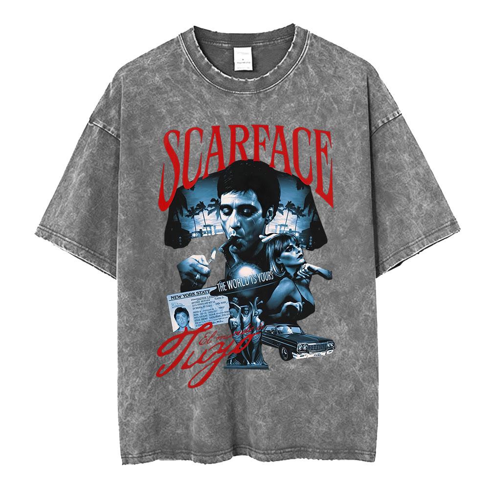 Movie Scarface The World Is Yours Vintage Washed Tshirt Tony Montana Al Pacino Unisex Unisex Clothing Oversized T Shirt Streetwear