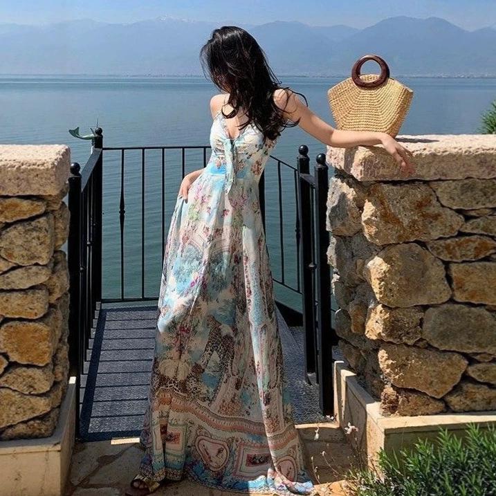 Seaside Vacation Bohemian Blue Floral Suspender Dress Women's Summer French Gentle Wind Sexy Temperament Long Dress