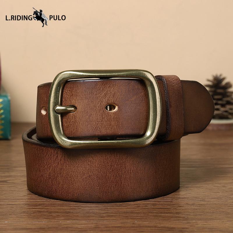 Retro Versatile Pleated Copper Buckle Belt Men's Genuine Leather Trend Pin Buckle Pure Leather Pants Belt