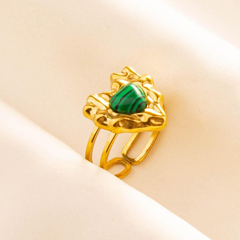 Green Striped Stone Vintage Gold Color Stainless Steel Open Adjustable Rings For Women Men Accessories Finger Jewelry Sun Flower