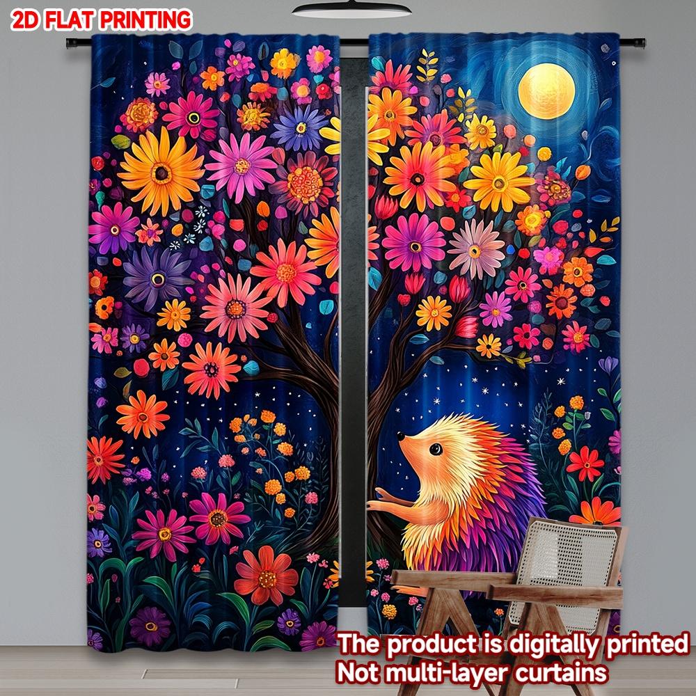 2D flat printing 2pcs Curtain Curtains Moonlit Hedgehog Beneath Flowers Digital Printed Polyester Drapes Festive Holiday Perfect