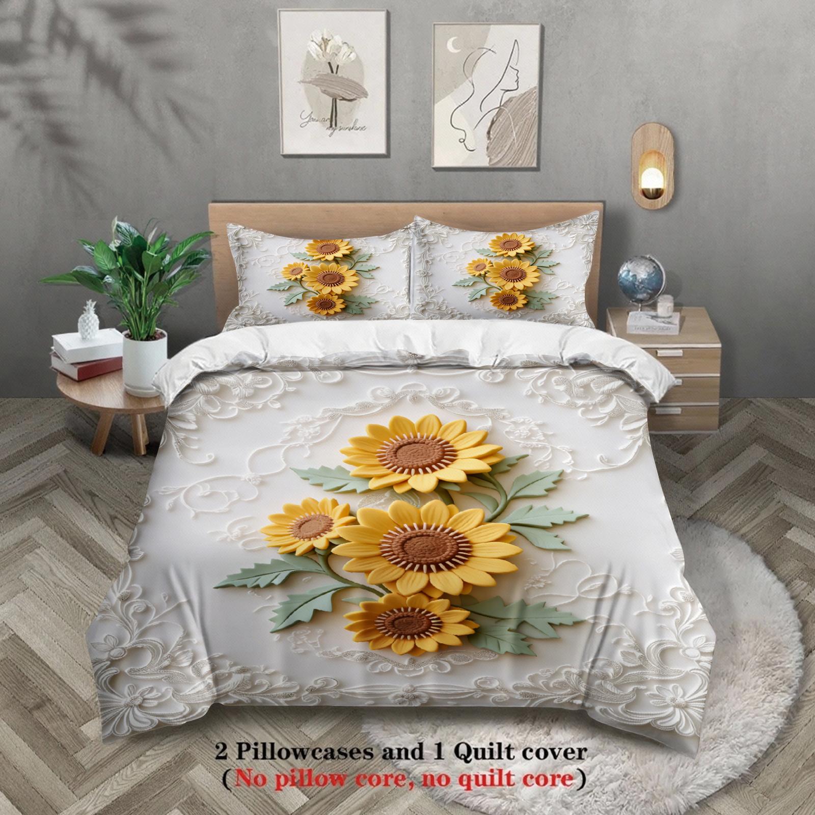 

Sunflower Embroidered Bedding Set White Sunflower Floral Pattern Bedding With Duvet Cover & Pillowcases For Bedroom US Full(200x230cm)