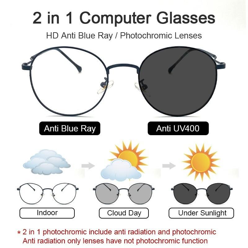 Photochromic Anti Blue Light Glasses Fashion Circular Glasses Frame UV Protection Outdoor Beach Sunglasses For Men Women