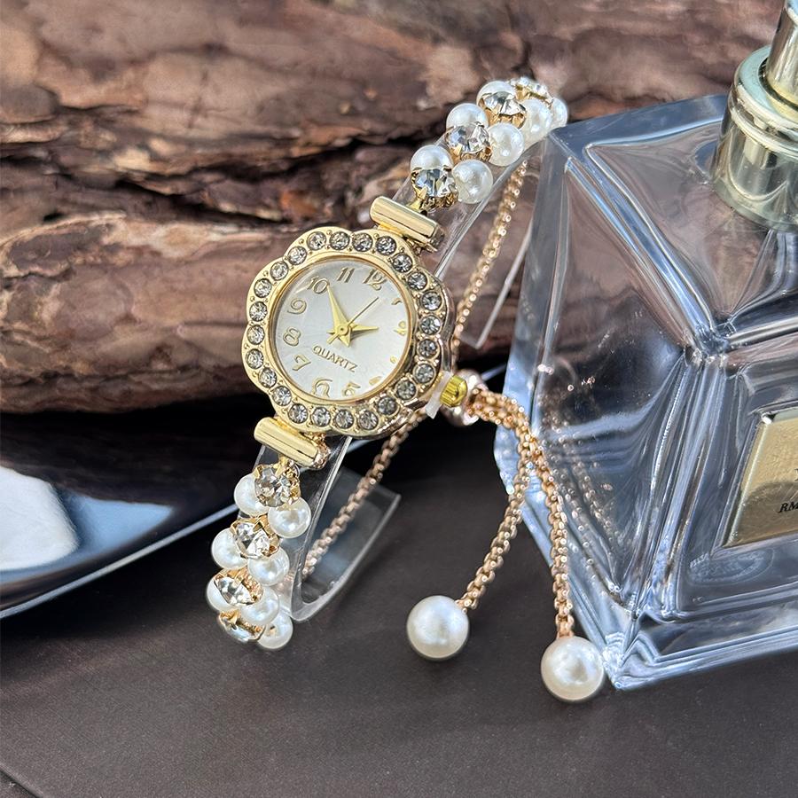 Double-Row Pearl Pull-Open Bracelet Diamond-Encrusted Case Arabic Numeral Scale Ladies Quartz Watch
