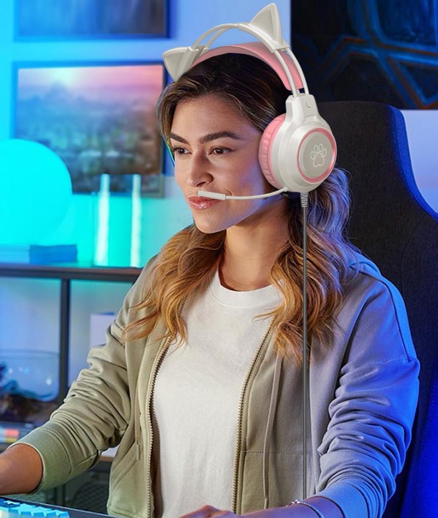 YIK TUNG Cat Ear Gaming Wired Headphones 40MM Speaker with RGB USB Soft Protective Good Sound Adjustable Compatible with Language New Japanese