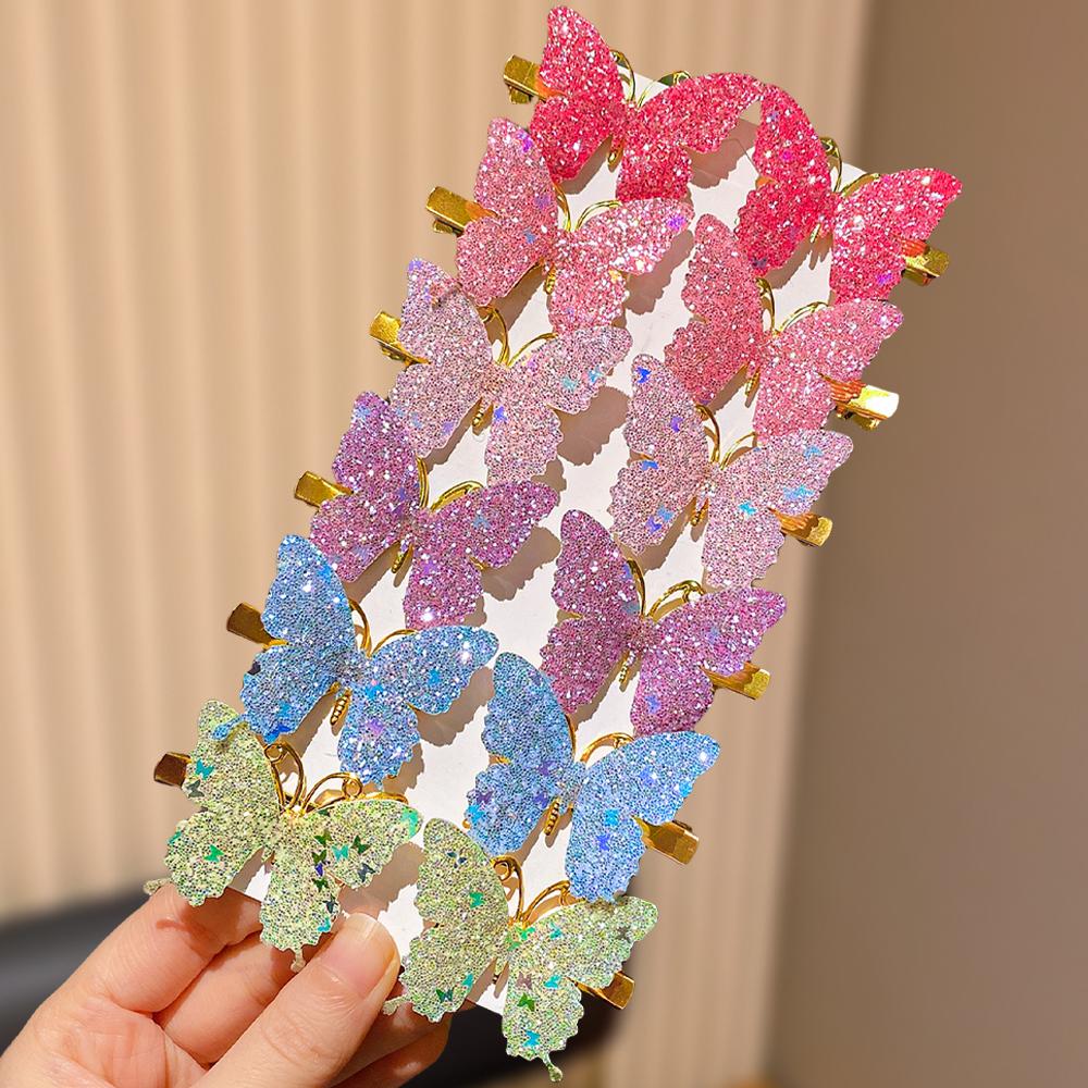 12 Pcs Sparkling Pink Butterfly Hair Clips Set for Girls Dazzling Colors Cute Hair Accessories for Daily Use And Parties