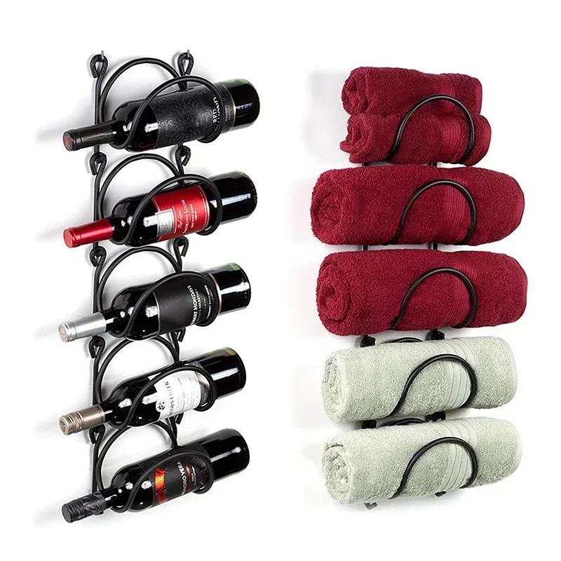 Wrought Iron Bathroom Towel Rack Wall-Mounted Wine Bottle Display Rack Simple Multifunctional Storage Shelf