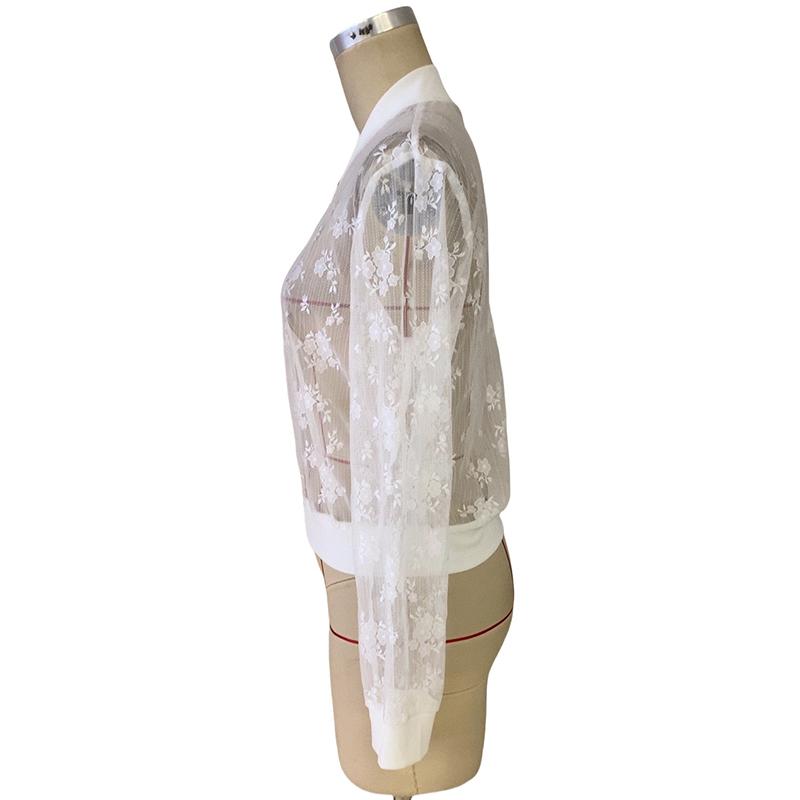 Ladies Jacquard Lace See-Through Solid Color Zipper Cardigan Jacket Coat