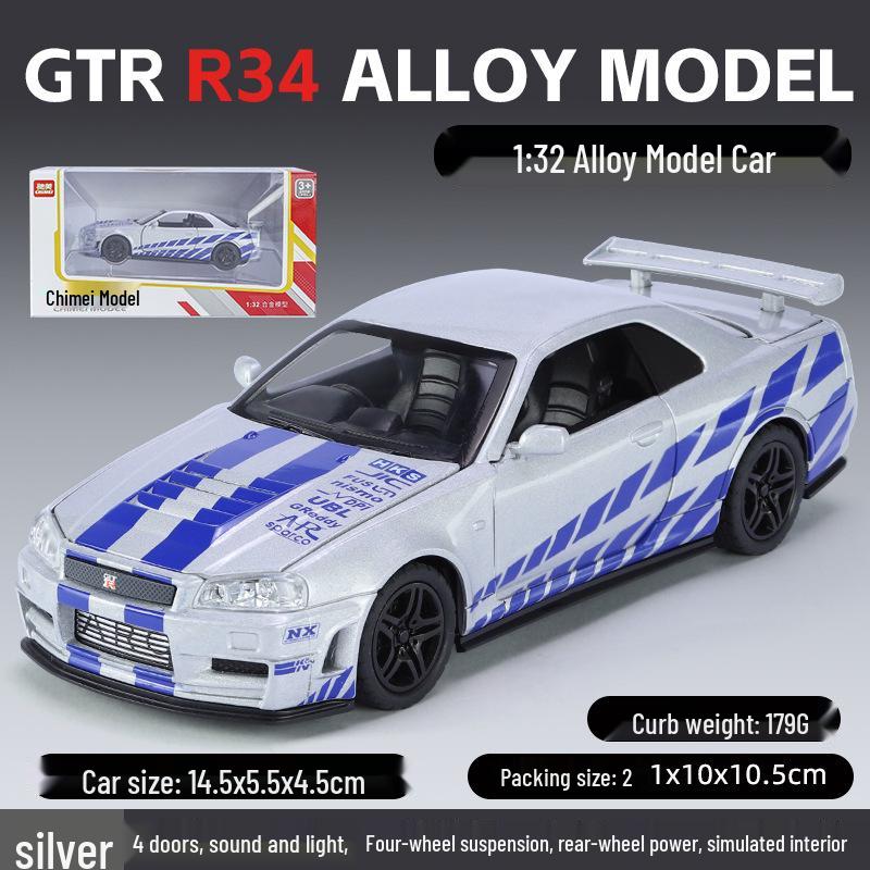 1:32 GTR R34 Low-Rider Sports Car Model with Opening Doors, Four-Wheel Suspension, Alloy Build, Sound and Light, Pull-Back Simulation