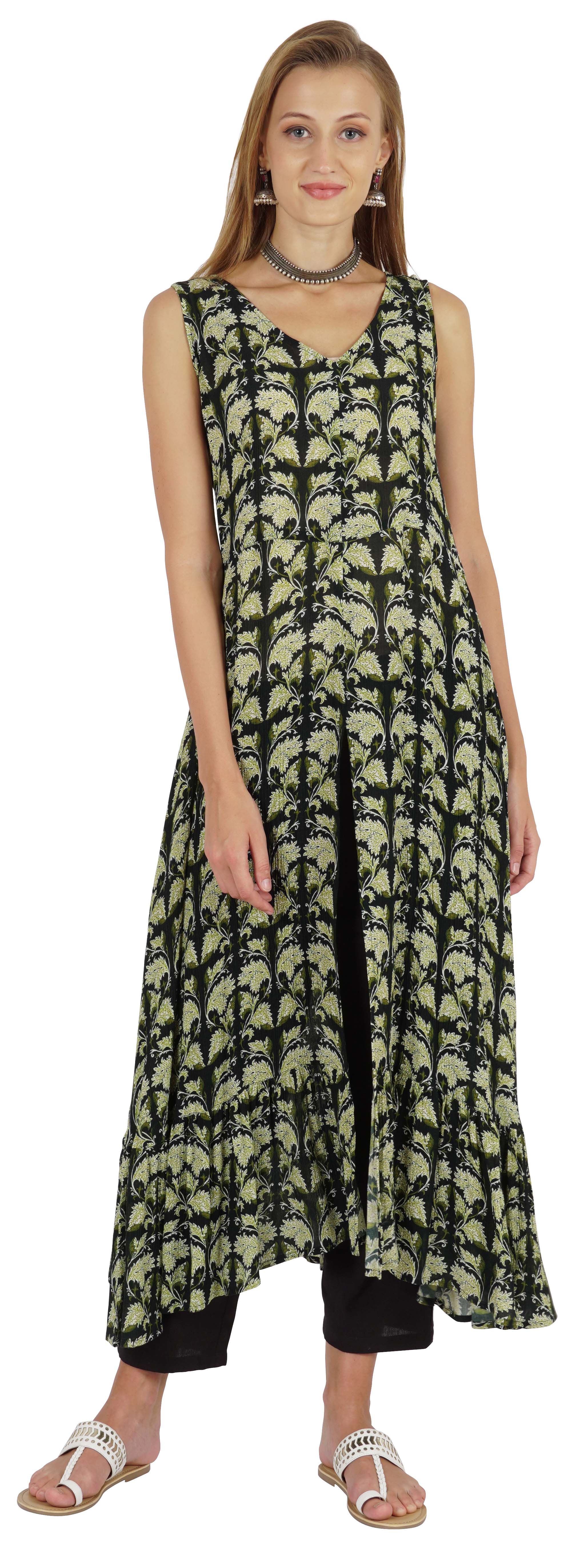 

Phagun Indo Western Printed Flared Kurti For Womens Sleeveless Indian Traditional XS темно-зелений колір