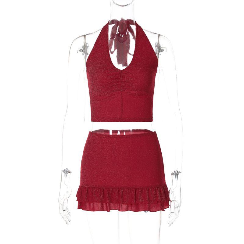 

Shemoda Мода Ветер Модный Костюм Сборки V-образный вырез Шнуровка Холтер Жилет Кружевная строчка Юбка Комплект из двух предметов Red L